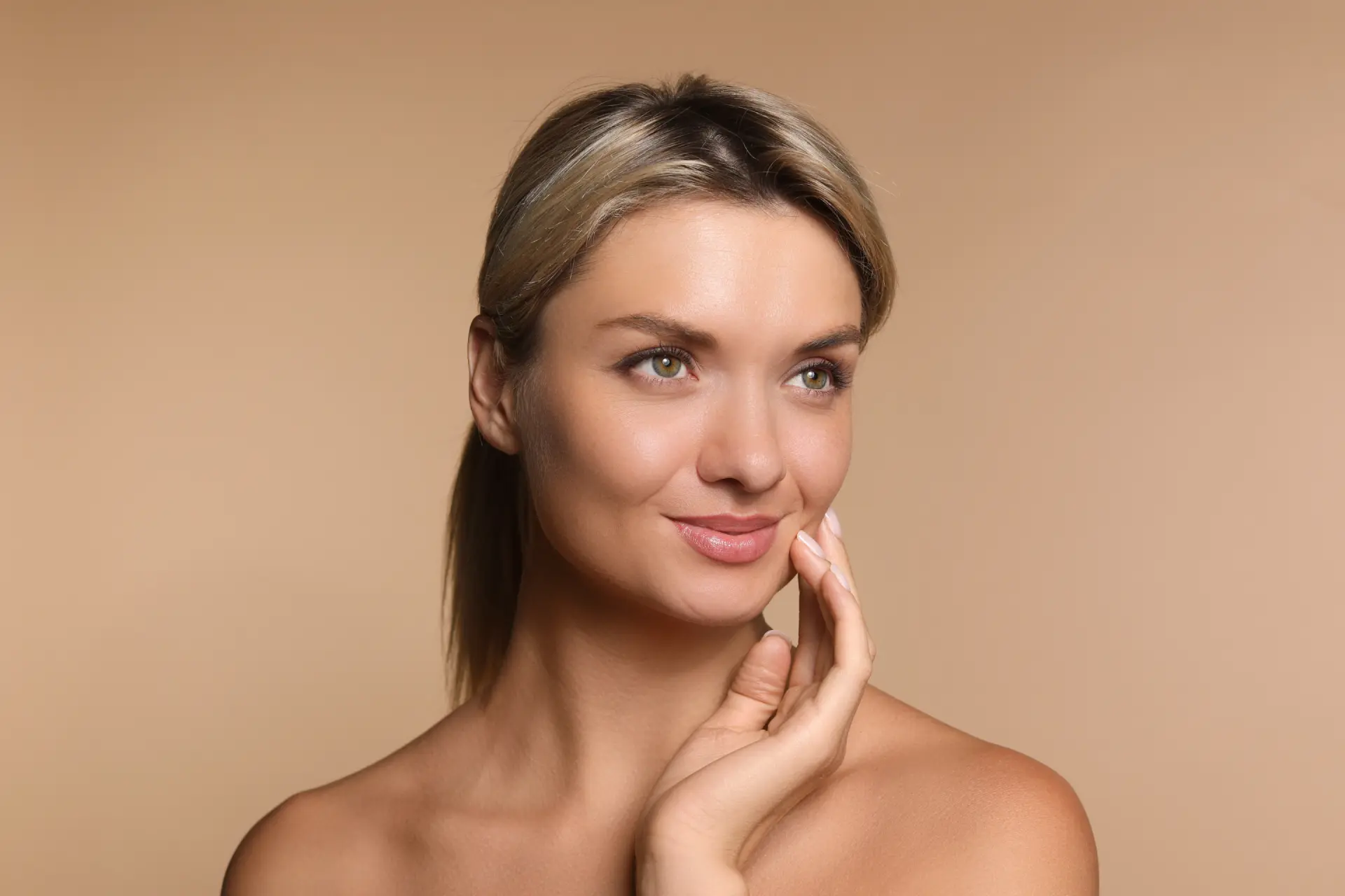 cosmetology-beautiful-woman-with-perfect-skin-beige-background